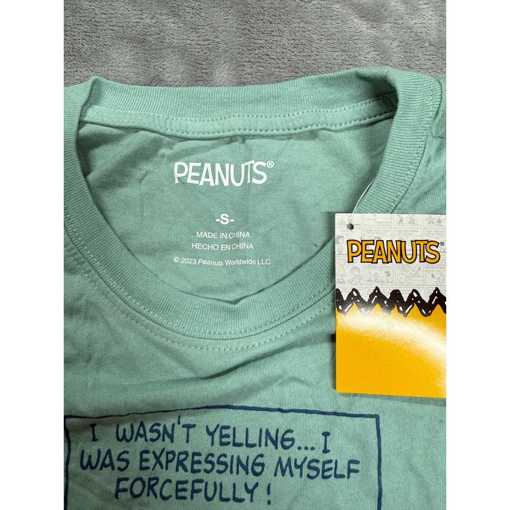 Peanuts Lucy Linus Graphic T Shirt Womens Small Green NWT “I Wasn’t Yelling” - Picture 5 of 8